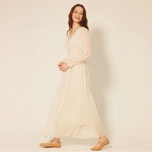Patrons of Peace Altura Boho Maxi Dress Cream V-Neck Sheer Sleeves Medium